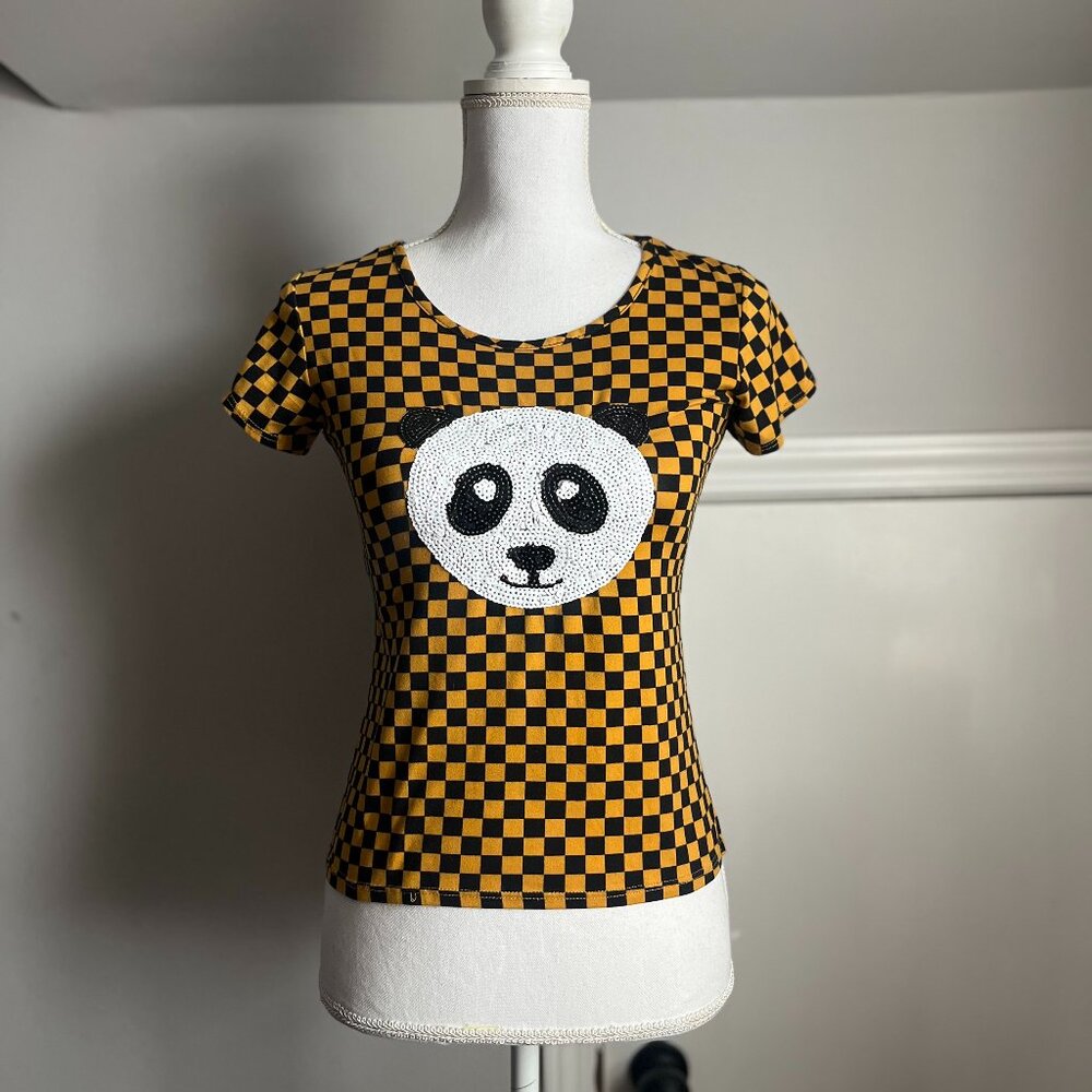DG Dream Girl Checkerboard Panda Sequin Shirt Black Yellow Checkered Fitted Tee